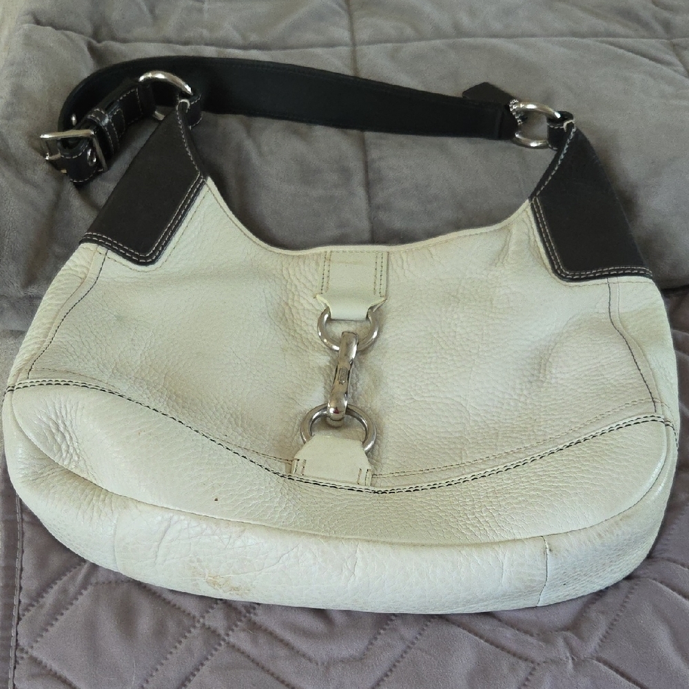 Coach White and Black Leather Hobo Bag